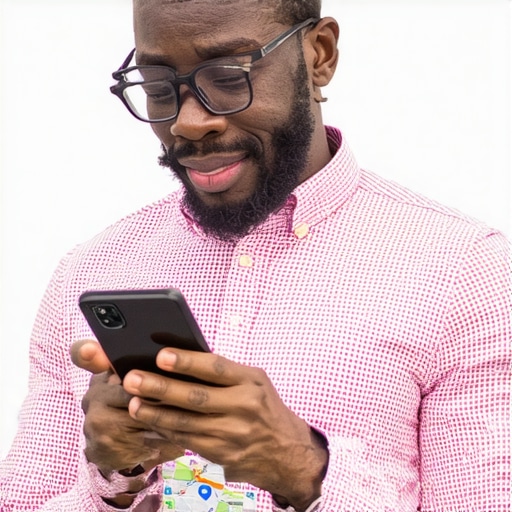 Garland business owner participating in community event, using smartphone for Google Maps optimization