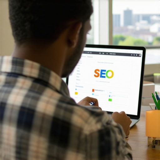 Local SEO Expert Analyzing Garland Strategies Expert analyzing local SEO strategies with Garland cityscape