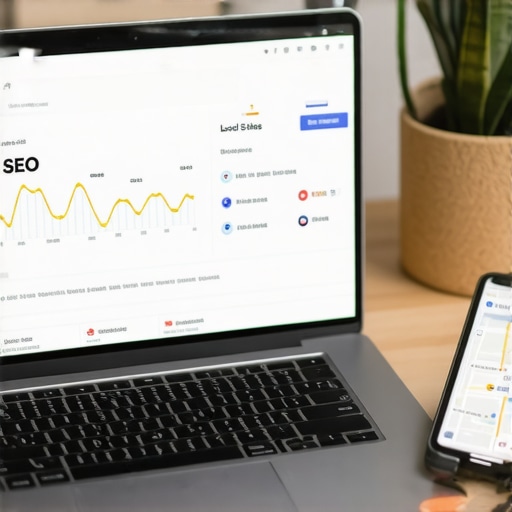 A desk with SEO analytics software, a smartphone displaying Google Maps, and digital marketing tools.