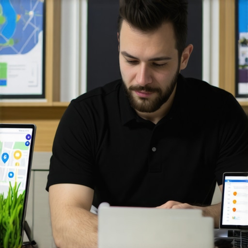 Business owner working on Google My Business listing in Garland, Texas, with digital maps.