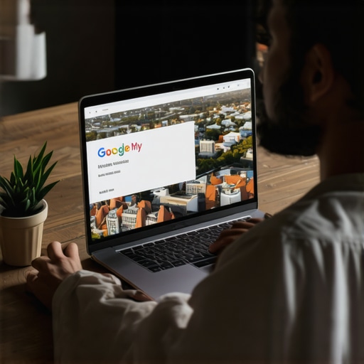 A digital marketer updating a Google My Business profile on a laptop with Garland cityscape on the screen