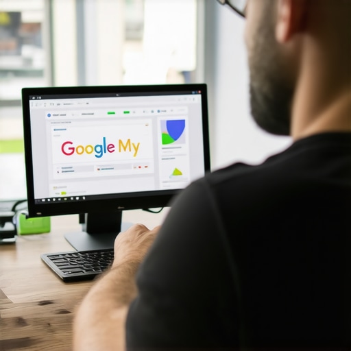 A person working on local business profile optimization on a laptop in Garland, Texas.