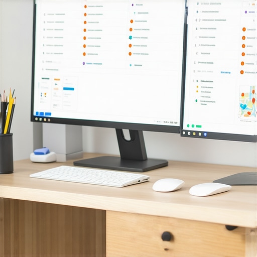 Desk with monitors displaying local SEO dashboards and analytics.