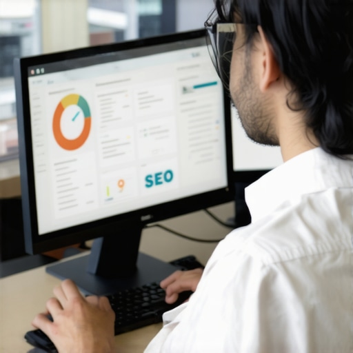 A person reviewing SEO analytics on a laptop with Garland city in the background.