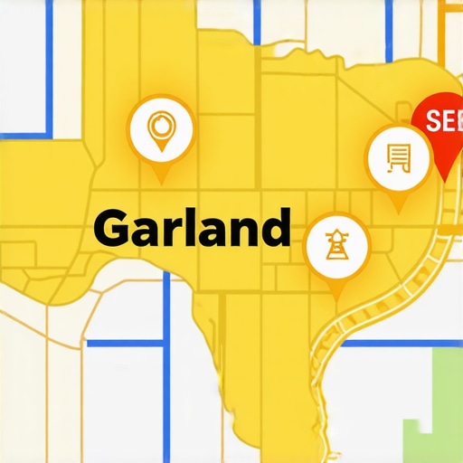 Map image showing Garland, Texas with SEO icons indicating local search focus