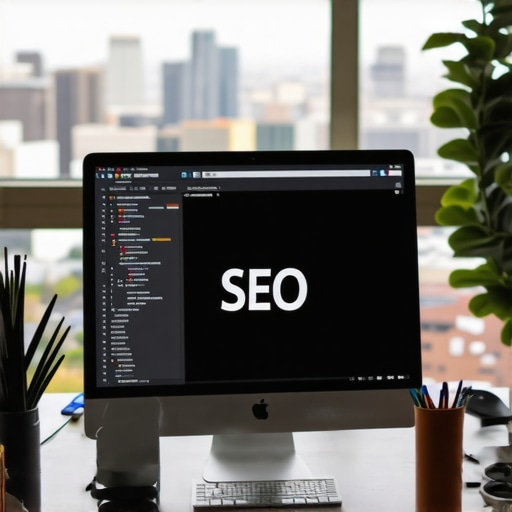 Screenshot of SEO software dashboard showing ranking data with Garland cityscape in the background