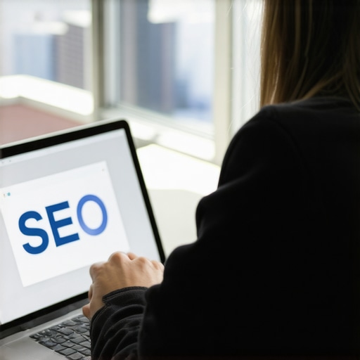 Person working on SEO tools with Garland cityscape