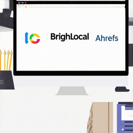 A modern workspace showing screens with BrightLocal and Ahrefs dashboards