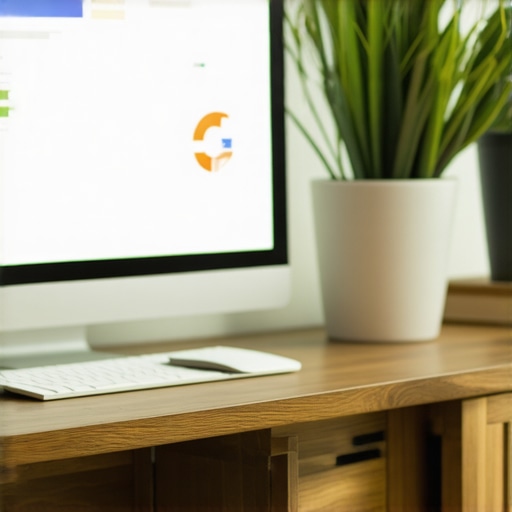 A workspace with a laptop displaying Google My Business dashboard, SEO charts, and local search analytics.