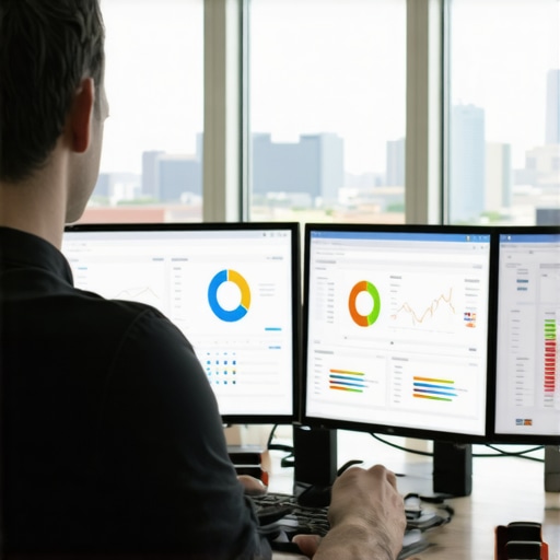A digital marketer working with SEO analytics tools and Garland cityscape in the background.