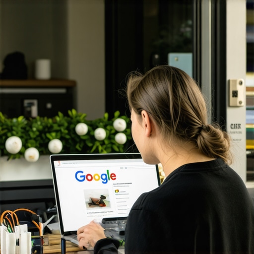 Optimizing GMB Profile in Garland Shop owner updating Google My Business profile on a computer with Garland storefront in background.