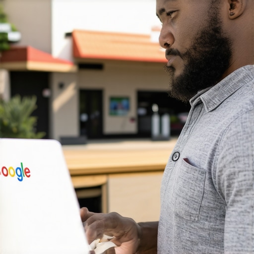 Optimizing Garland Business Profile for 2026 Business owner working on Google My Business profile with Garland storefront in view.