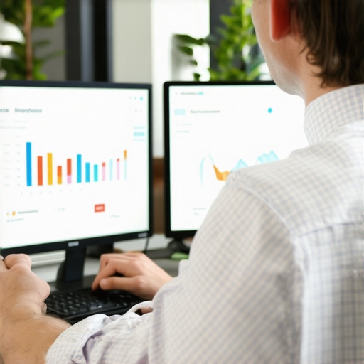 A businessman reviewing local SEO performance metrics on his laptop, with popular SEO tools on screen, in Garland