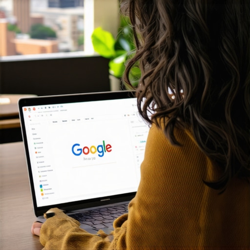 Business owner updating GMB profile on laptop with Garland cityscape.